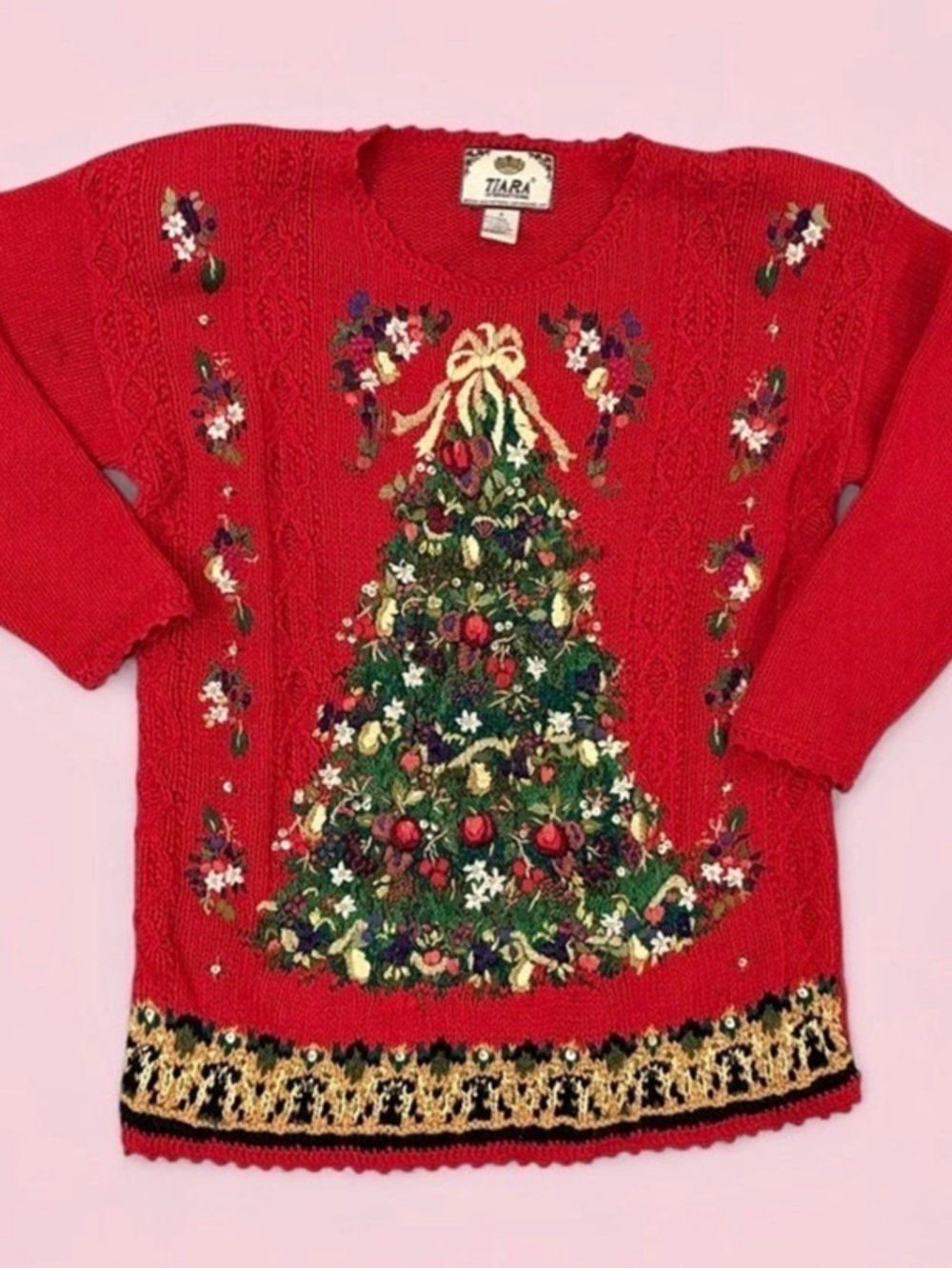 Vintage 1999 Tiara International Knit Christmas Tree Embroidered Sweater Red Sz